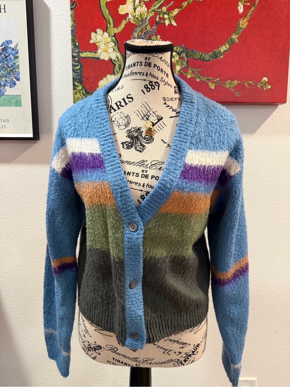 Obey Blue Multi-Stripe V-Neck Cardigan